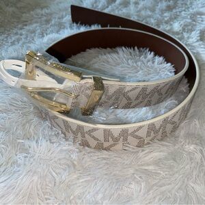 Michael Kors Cream and Brown Logo Belt with Gold Buckle